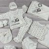11 részes nyuszis-macis mintájú, bézs csillagos baby szett, babapléddel