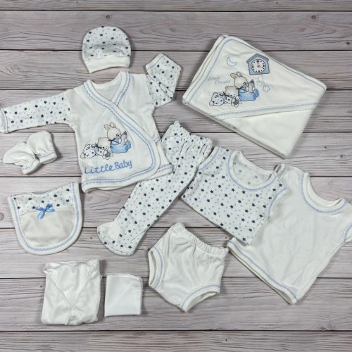 11 részes nyuszis-macis mintájú, világoskék csillagos kisfiú baby szett, babapléddel