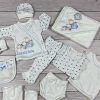11 részes nyuszis-macis mintájú, világoskék csillagos kisfiú baby szett, babapléddel