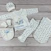 11 részes nyuszis-macis mintájú, világoskék csillagos kisfiú baby szett, babapléddel