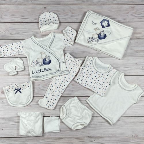 11 részes nyuszis-macis mintájú, piros és sötétkék csillagos kisfiú baby szett, babapléddel