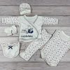 11 részes nyuszis-macis mintájú, piros és sötétkék csillagos kisfiú baby szett, babapléddel