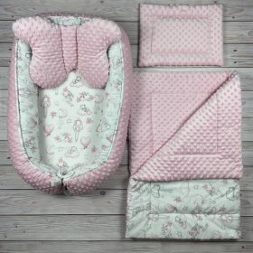   Rózsaszín nyuszis minky 4 részes kislány babafészek szett