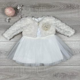   Kíra fehér tüllös, hosszú ujjú kislány alkalmi ruha, szőrmés boleróval