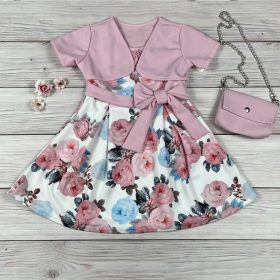   Virágmintás alkalmi kislány ruha álbolerós fazonnal, kistáskával
