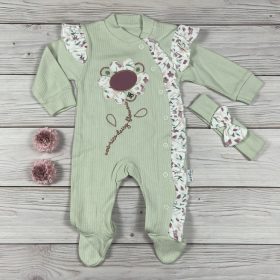 Virágos, fodros baba rugdalózó fejpánttal – zöld