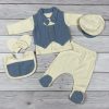 Világoskék és ekrü színű 5 részes álmellényes elegáns kisfiú baby szett