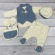 Világoskék és ekrü színű 5 részes álmellényes elegáns kisfiú baby szett