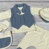 Világoskék és ekrü színű 5 részes álmellényes elegáns kisfiú baby szett