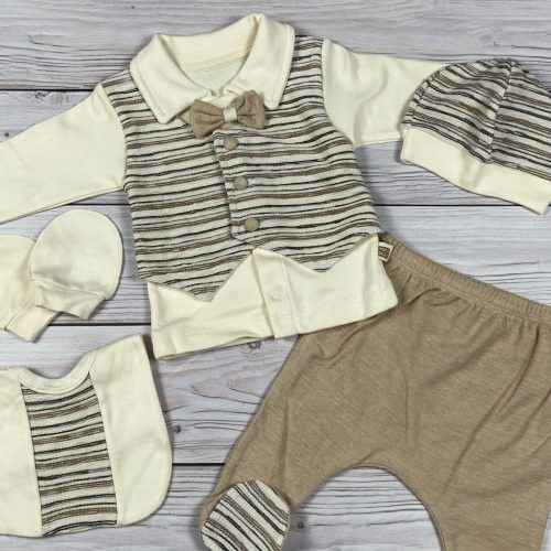 Bézs színű 5 részes álmellényes elegáns kisfiú baby szett