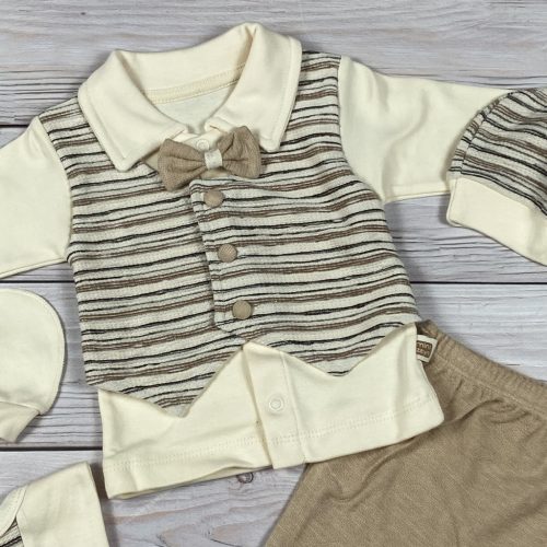 Bézs színű 5 részes álmellényes elegáns kisfiú baby szett