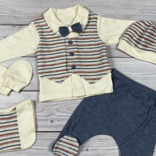 Kék és ekrü színű 5 részes álmellényes elegáns kisfiú baby szett