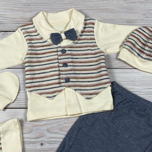 Kék és ekrü színű 5 részes álmellényes elegáns kisfiú baby szett