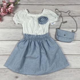   Kék csíkos kislány ruha hímzett felsőrésszel, táskával