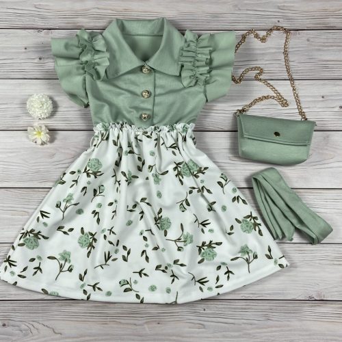 Zöld virágmintás kislány ruha fodros ujjakkal, övvel és táskával