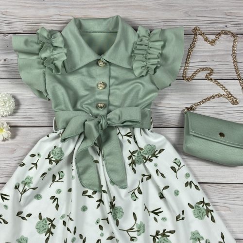 Zöld virágmintás kislány ruha fodros ujjakkal, övvel és táskával