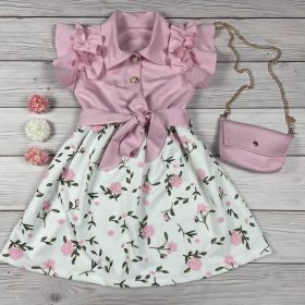   Rózsaszín virágmintás kislány ruha fodros ujjakkal, övvel és táskával