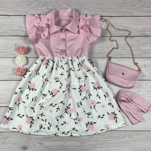 Rózsaszín virágmintás kislány ruha fodros ujjakkal, övvel és táskával