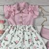 Rózsaszín virágmintás kislány ruha fodros ujjakkal, övvel és táskával