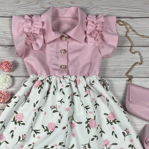 Rózsaszín virágmintás kislány ruha fodros ujjakkal, övvel és táskával