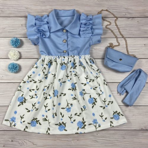 Kék virágmintás kislány ruha fodros ujjakkal, övvel és táskával