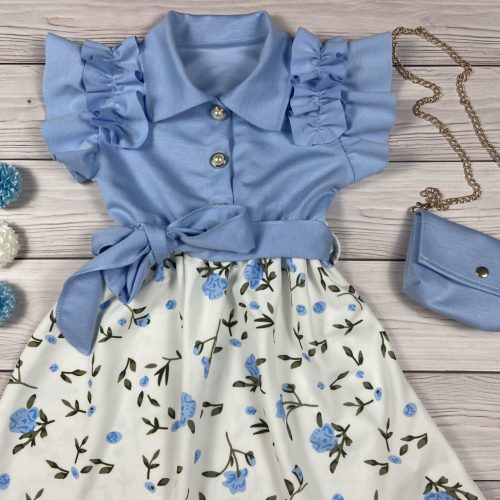 Kék virágmintás kislány ruha fodros ujjakkal, övvel és táskával