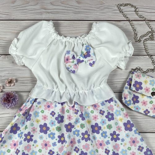 Színes virágmintás kislány ruha táskával