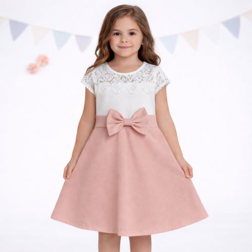 Masnival díszített csipkés púder-fehér kislány ruha