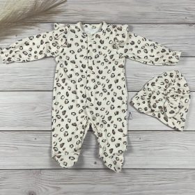 Tarka mintás kislány pamut rugdalózó, sapkával